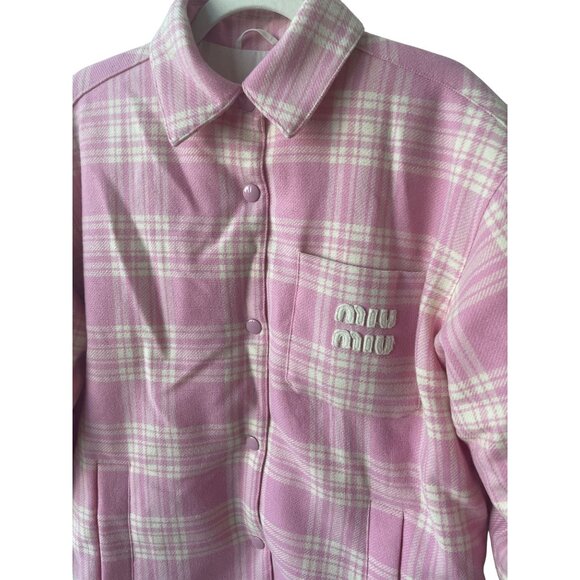 Miu Miu Pink & White Plaid Wool Button-Up Shirt Jacket Womens - Picture 6 of 13